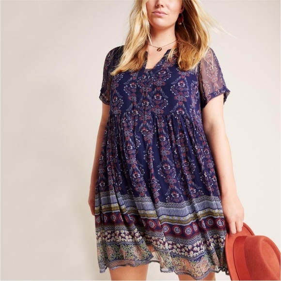 Anthropologie Maeve Adrian Sheer Tunic Dress Large floral beach navy coverup - Picture 1 of 10